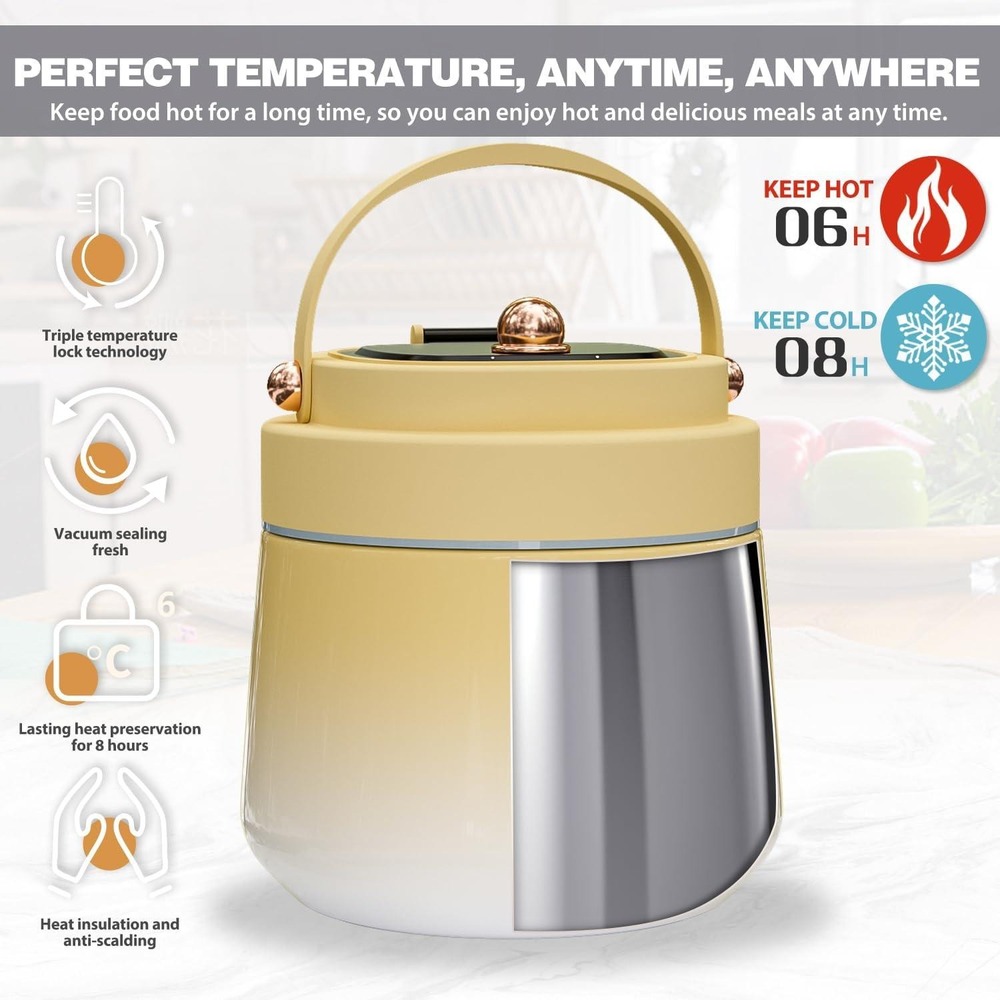 BALPBBY Insulated Food Jar Stainless Steel Thermal Lunch Box Yellow with Bag